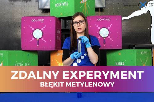Zdalny experyment, błękit metylenowy. Edukatorka trzyma w dłoniach probówkę.