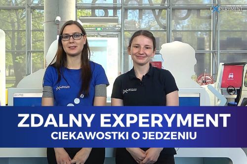 Zdalny experyment, ciekawostki o jedzeniu. Dwie edukatorki stoją przy stanowisku obrazującym prawidłowe zbilansowanie diety.