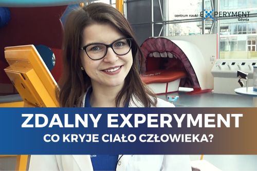 Zdalny experyment, co kryje ciało człowieka. Edukatorka pozuje na tle modelu języka o ponadnaturalnych rozmiarach.