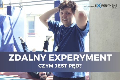 Zdalny experyment, zasada zachowania pędu. Edukator chwyta się dłońmi za głowę. Jego wyraz twarzy jest niepewny.
