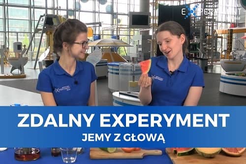 Miniaturka do filmu z cyklu ZDALNY EXPERYMENT pod tytułem Jemy z głową. Na zdjęciu dwie ubrane na niebiesko kobiety. Jedna trzyma arbuza.