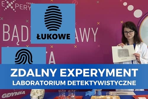 Miniaturka do filmu z cyklu ZDALNY EXPERYMENT pod tytułem laboratorium-detektywistyczne. Na zdjęciu kobieta w okularach i fartuchu ochronnym, trzymająca kartkę. Fioletowe tło, obok grafika z rodzajami odcisków palców