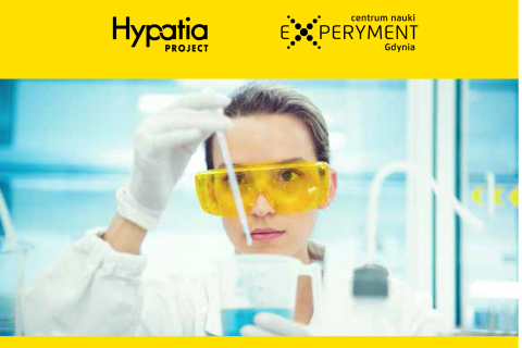 Grafika programu Hypatia Project, na zdjęciu chemiczka z pipetą i zlewką w rękach