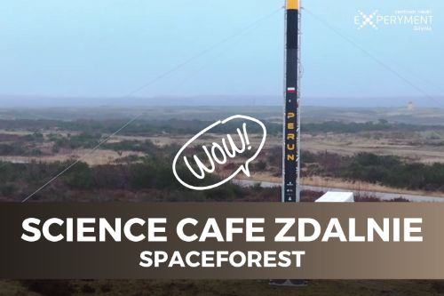 Science cafe zdalnie, spaceforest. Przy metalowej konstrukcji umieszczona jest czarno-żółta rakieta z napisem Perun.