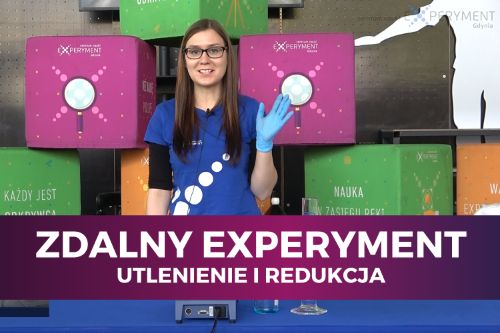 Zdalny experyment, utlenienie i redukcja. Edukatorka stoi przed blatem, na którym znajduje się szkło chemiczne oraz mieszadło magnetyczne.