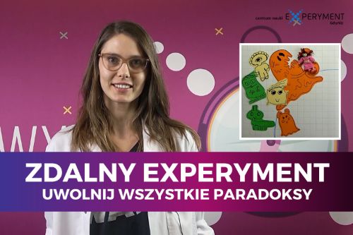 Zdalny experyment, na planecie paradoksu. Na fioletowym tle widać edukatorkę oraz kadr z filmu przedstawiający kolorowe potworki.