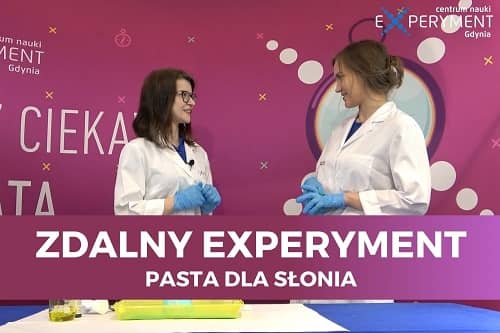 Miniaturka do filmu z cyklu ZDALNY EXPERYMENT pod tytułem Pasta dla słonia. Na zdjęciu dwie kobiety w fartuchach ochronnych na fioletowym tle