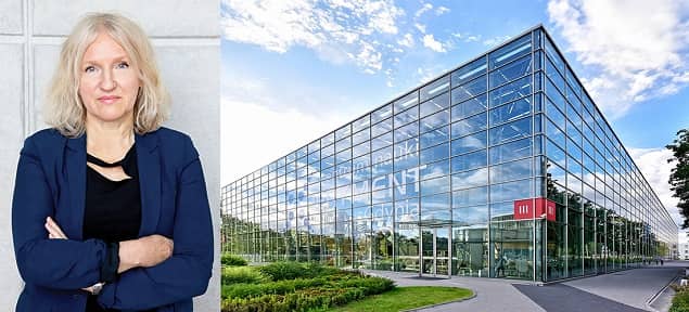 Po lewej Alicja Harackiewicz, dyrektor EXPERYMENTU. Po prawej zdjęciu budynku CNE z zewnątrz