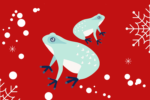 Obrazek przedstawiający dwie błękitne żabki na czerwonym tle.