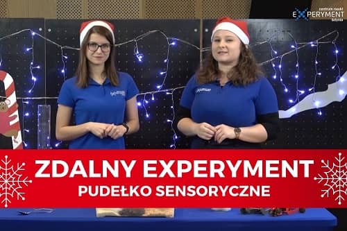 Miniaturka do filmu z cyklu ZDALNY EXPERYMENT pod tytułem Pudełko sensoryczne. Na zdjęciu dwie kobiety w czapkach Mikołaja.