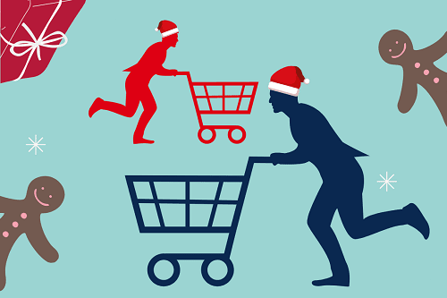 Obrazek przedstawiający dwóch mężczyzn biegnących z wózkami sklepowymi na błękitnym tle.