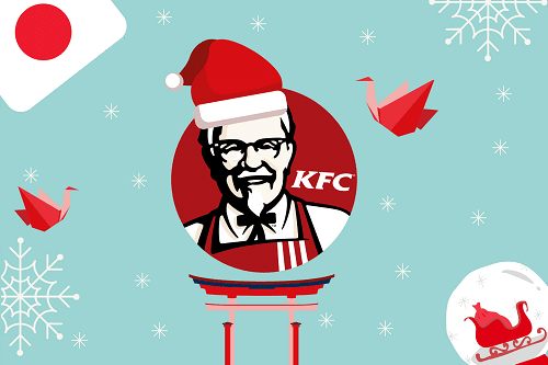 Obrazek przedstawiający logo KFC z mężczyzną ubranym w świąteczną czapkę, na błękitnym tle.