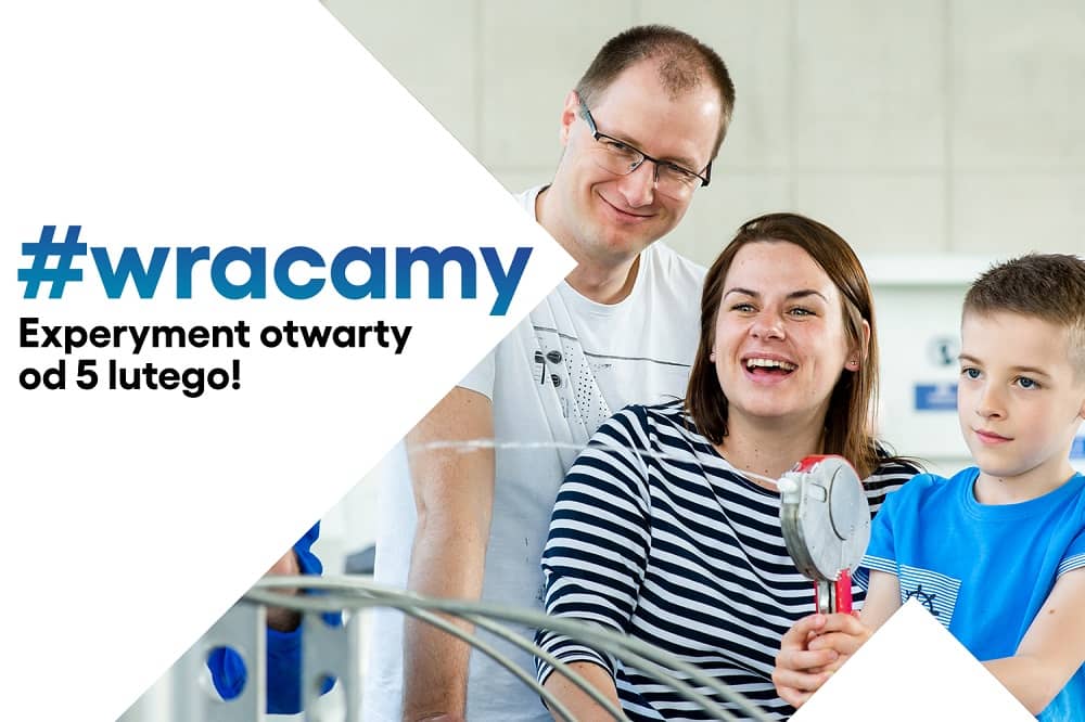 Trzy osoby bawią się na wystawie HYDROŚWIAT. Obok nich napis #wracamy.