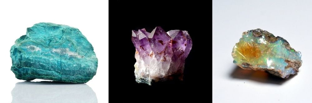 Zdjęcia trzech rodzajów kolorowych minerałów.