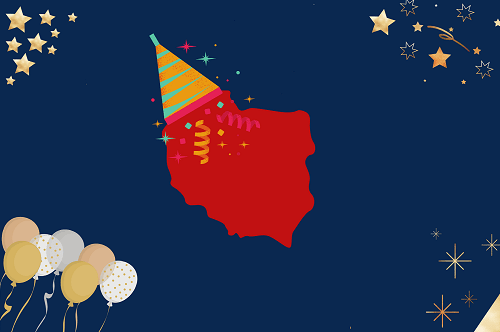 Obrazek przedstawiający obrys Polski w czapce imprezowej na granatowym tle.