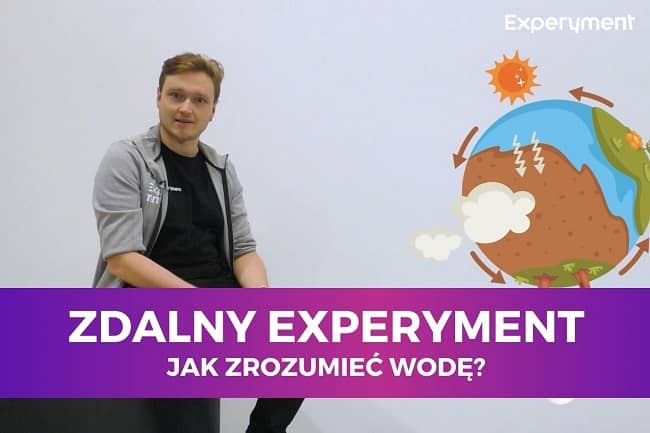 Miniaturka do filmu z cyklu ZDALNY EXPERYMENT pod tytułem Jak zrozumieć wodę?. Na zdjęciu mężczyzna, a obok niego model Ziemi.