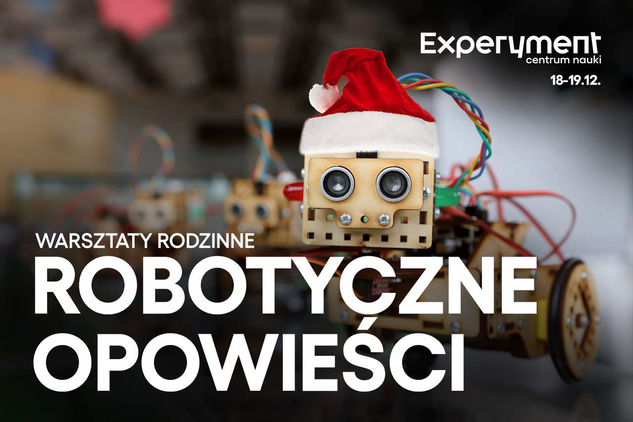 Plakat- robot z czapką Świętego Mikołaja.