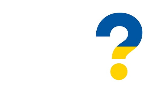 Flaga Ukrainy wpisana w kontur znaku zapytania.