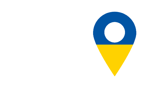 Flaga Ukrainy wpisana w kontur znacznika na mapie.