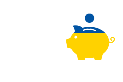 Flaga Ukrainy wpisana w kontur świnki skarbonki.