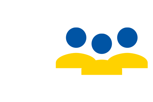 Flaga Ukrainy wpisana w kontur trzech uproszczonych ludzików.