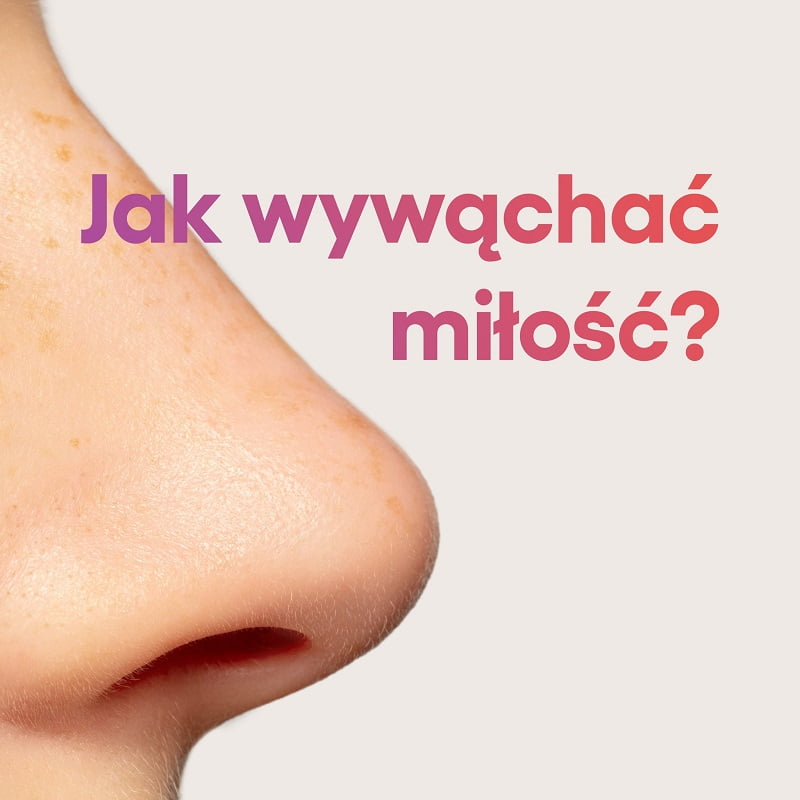 Grafika na której znajduje się duży, ludzki nos z profilu i napis jak wywąchać miłość?