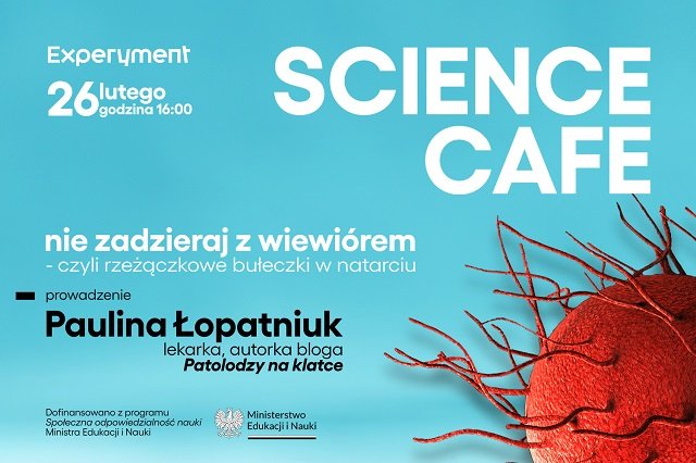 Grafika Science Cafe z Pauliną Łopatniuk pod tytułem Nie zadzieraj z wiewiórem - czyli rzeżączkowe bułeczki w natarciu. W lewym górnym rogu logo Centrum Nauki Experyment, niżej data 26 lutego godzina 16:00. W prawym górnym rogu napis SCIENCE CAFE. Pośrodku grafiki tytuł wykładu i informacje o prelegentce: Paulina Łopatniuk lekarka, autorka bloga Patolodzy na klatce. W prawym dolnym rogu bakteria rzeżączki widziana przez mikroskop.