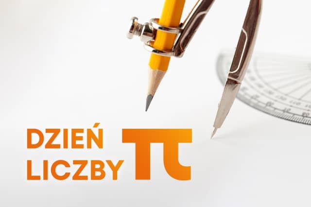 grafika z napisem "dzień liczby pi". w tle cyrkiel z żółtym ołówkiem i kątomierz.