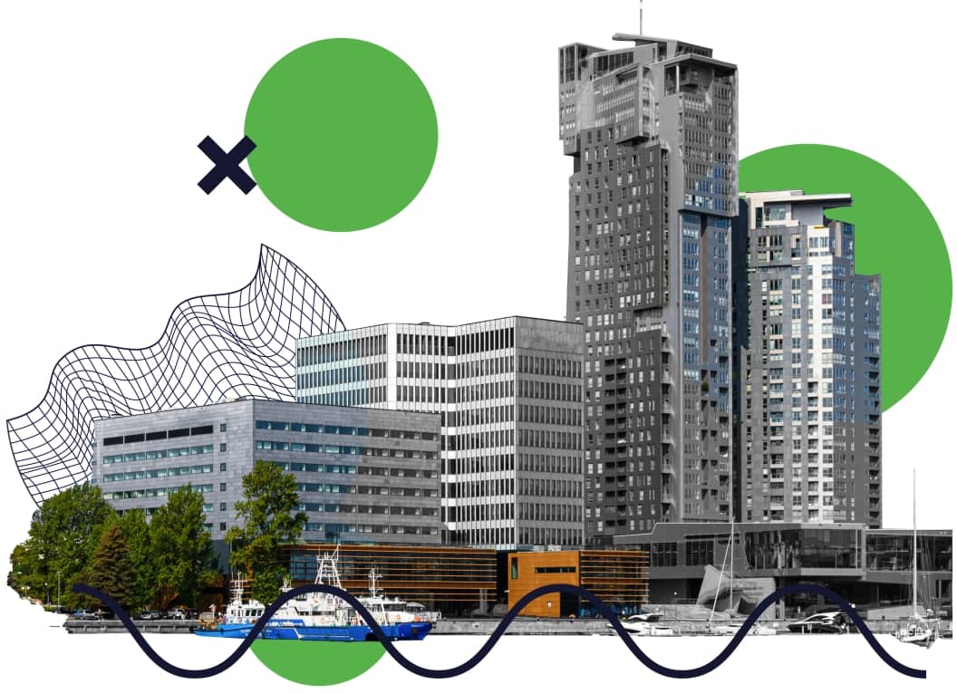 Grafika - kolaż zdjęcia Sea Towers z ozdobnikami - zielonymi kółkami i niebieskim X