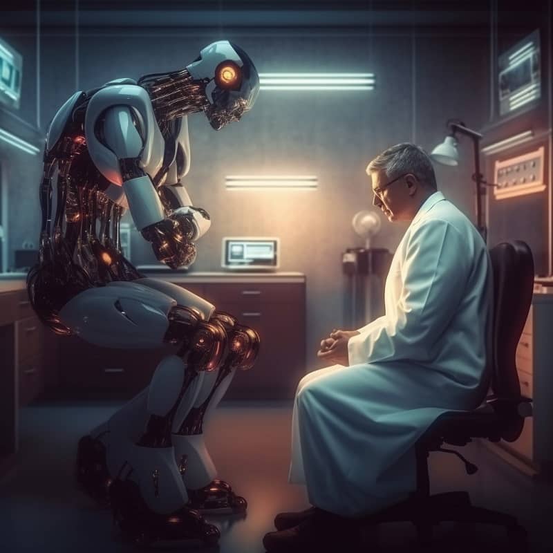 Grafika wygenerowana przez sztuczną inteligencję. Po lewej stronie widać siedzącego robota, a naprzeciwko niego lekarz w kitlu. Obaj siedzą w niewielkim pokoju.