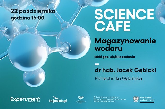 grafika promująca science cafe na temat magazynowania wodoru 22 października.