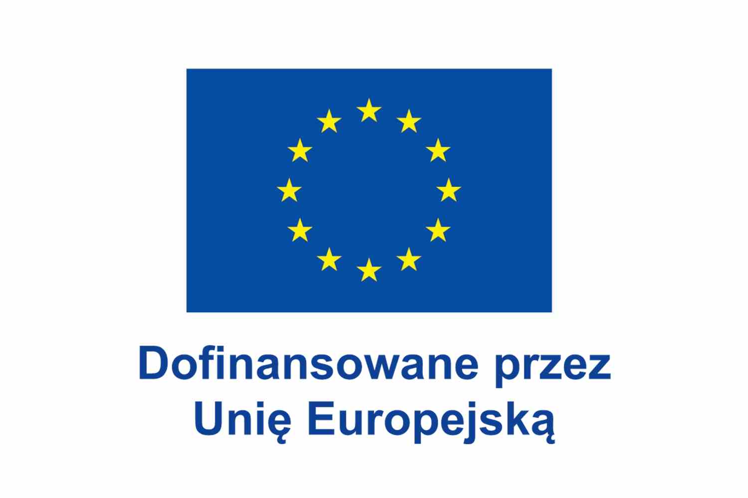 Flaga UE z podpisem "Dofinansowano przez Unię Europejską"