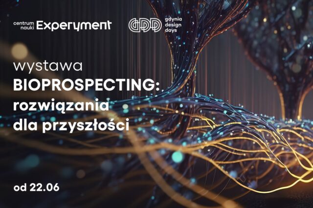 Grafika promująca czasową wystawę BIOPROSPECTING: rozwiązania dla przyszłości