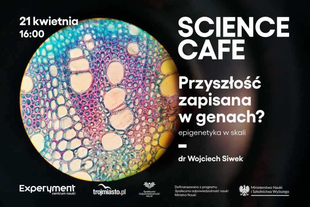 Grafika Science Cafe na temat epigenetyki, które odbywa się 21 kwietnia 2024.