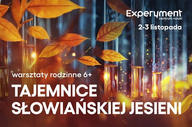 Grafiki promujące warsztaty rodzinne 6+ tajemnice słowiańskiej jesieni. 2-3 listopada " na grafice szkło laboratoryjne i jesienne liście