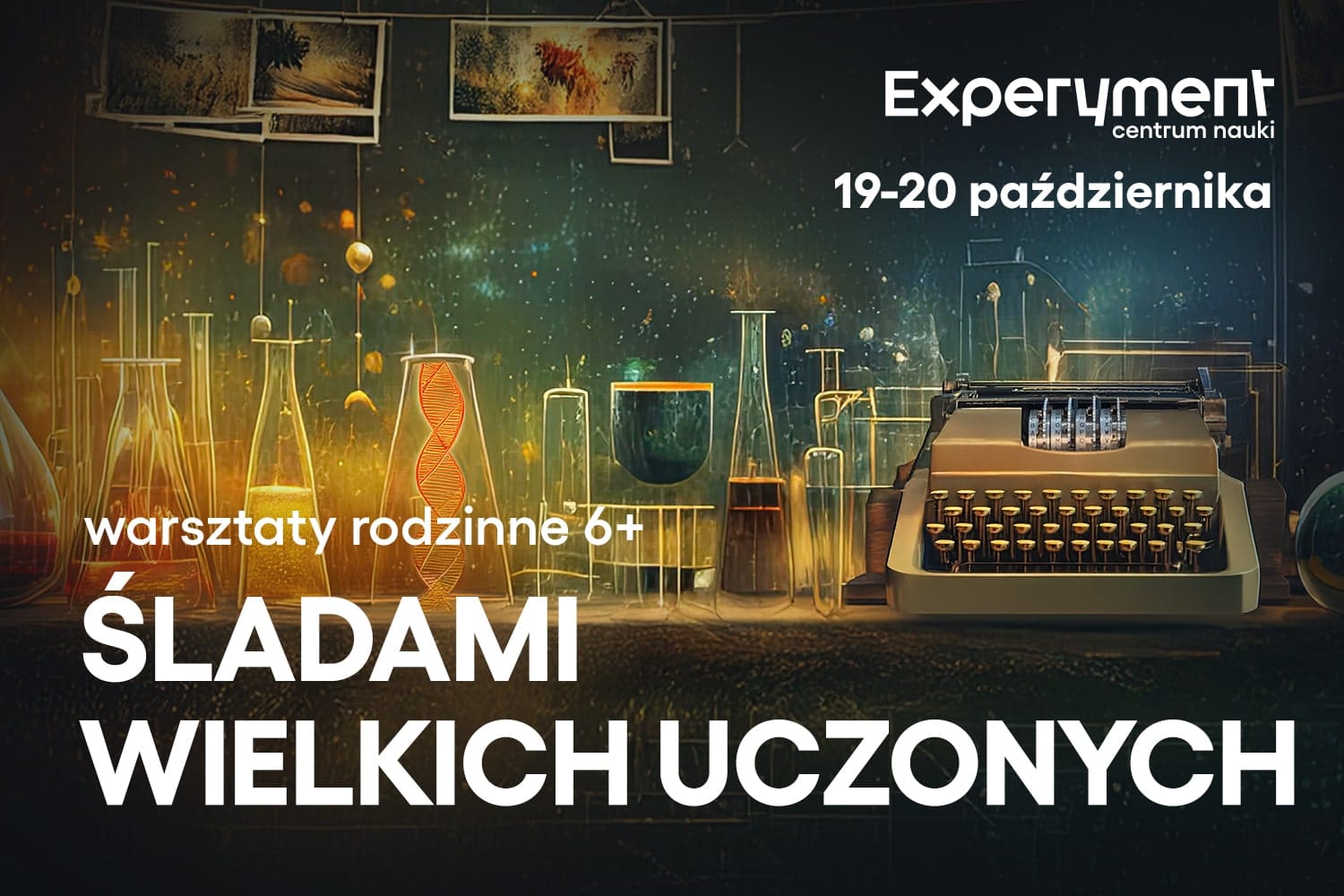 Stół ze szkłem laboratoryjnym i maszyną przypominającą Enigmę. Nad nim wiszą fotografie. Napisy: Śladami Wielkich Uczonych, warszaty rodzinne 6+, 19-20 października
