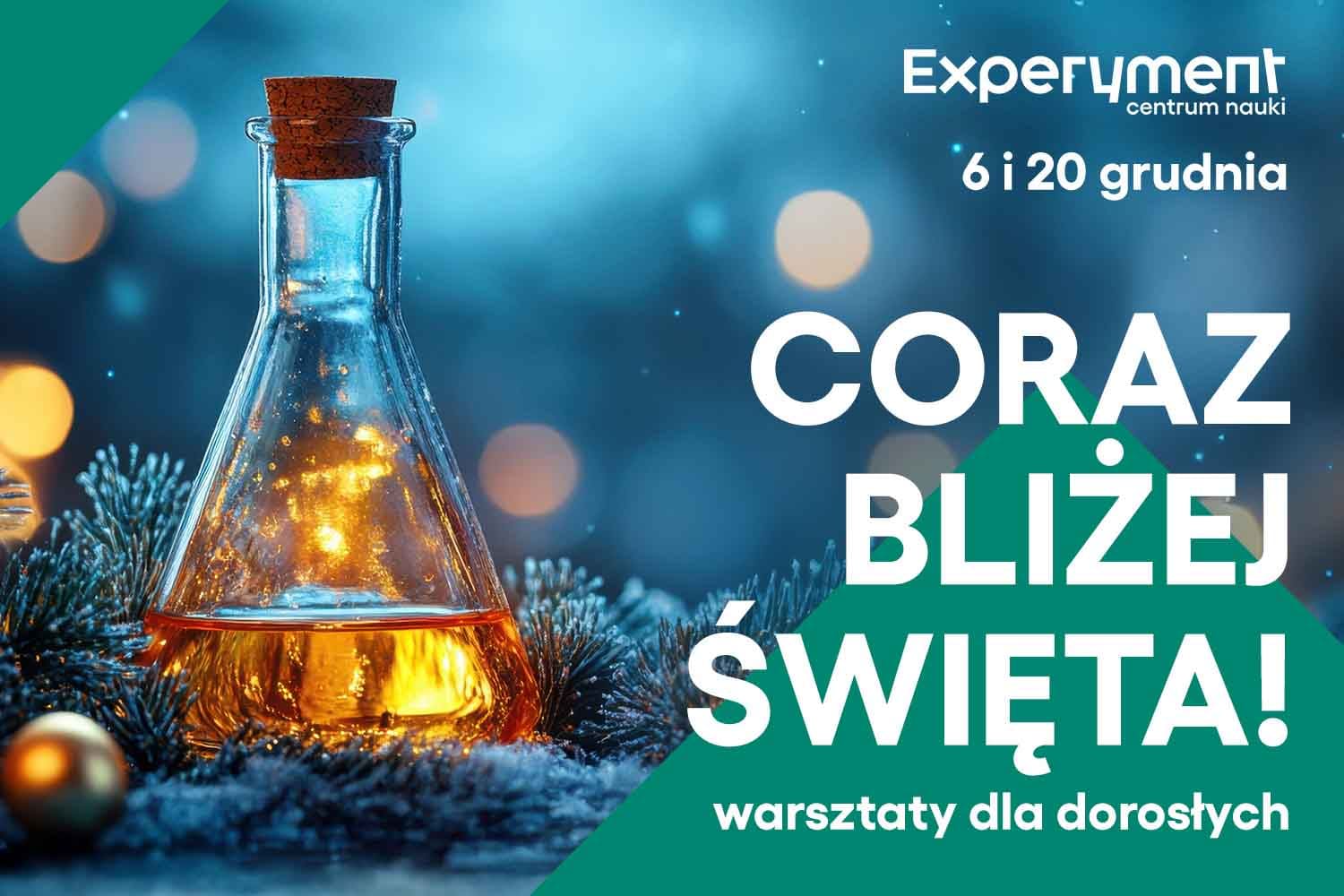 "Coraz bliżej święta, warsztaty dla dorosłych, 6 i 20 grudnia" szkło chemiczny ze złotym płynem, obok igły choinki i złote bombki