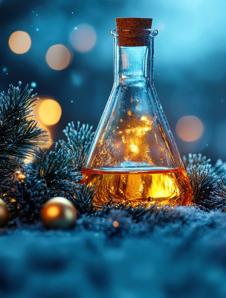 "Coraz bliżej święta, warsztaty dla dorosłych, 6 i 20 grudnia" szkło chemiczny ze złotym płynem, obok igły choinki i złote bombki