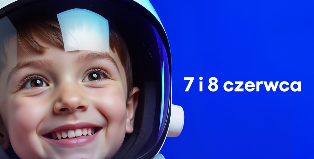 dziecko przebrane za astronautę, napis "7 i 8 czerwca"