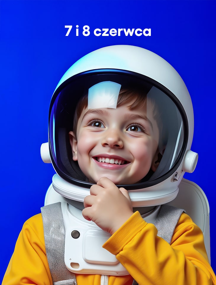 dziecko przebrane za astronautę, napis "7 i 8 czerwca"