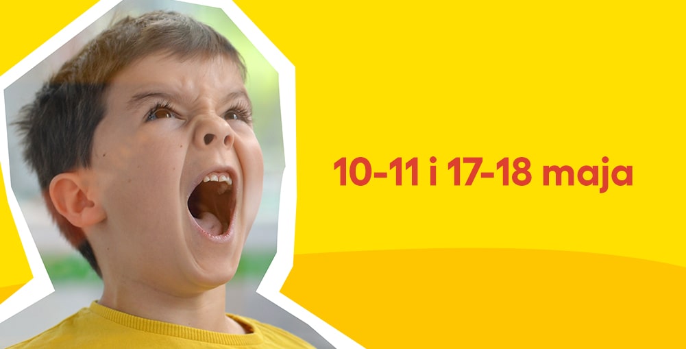 WARSZTATY RODZINNE. Zastrzyk energii wycięty wizerunek krzyczącego dziecka na żółtym tle. napis "10-11 i 17-18 maja"
