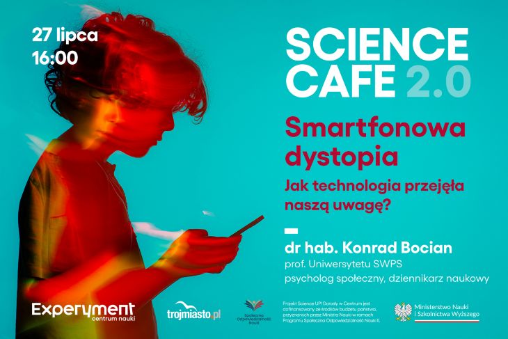 postać nachylająca się nad smartfonem - grafika promująca science cafe z lipca 2025 z udziałem dr Konrada Bociana.