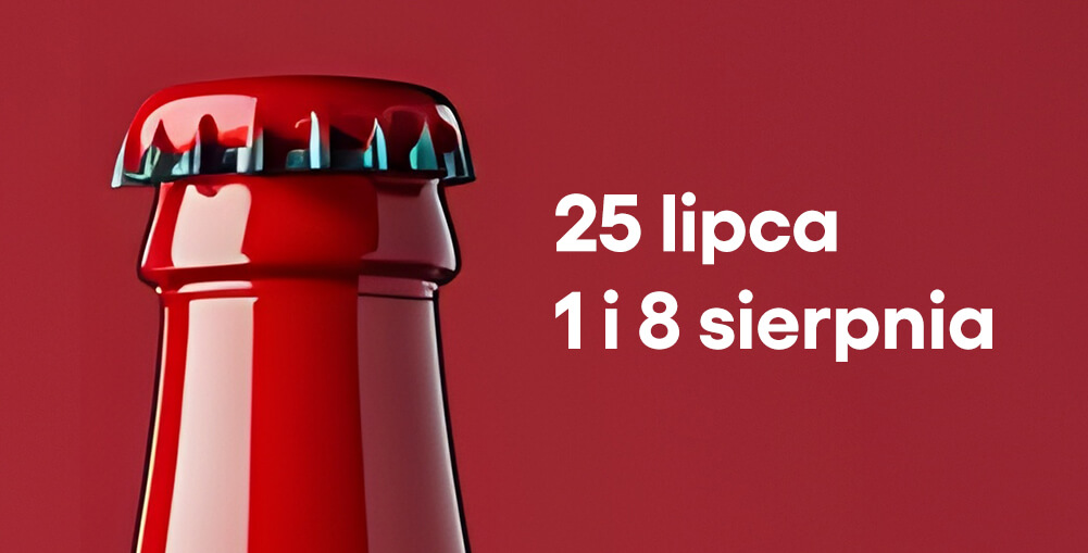 plakat wydarzenia warsztatów dla dorosłych Ferment w kuflu. Czerwona butelka na czerwonym tle. Data 25 lipca oraz 1 i 8 sierpnia.