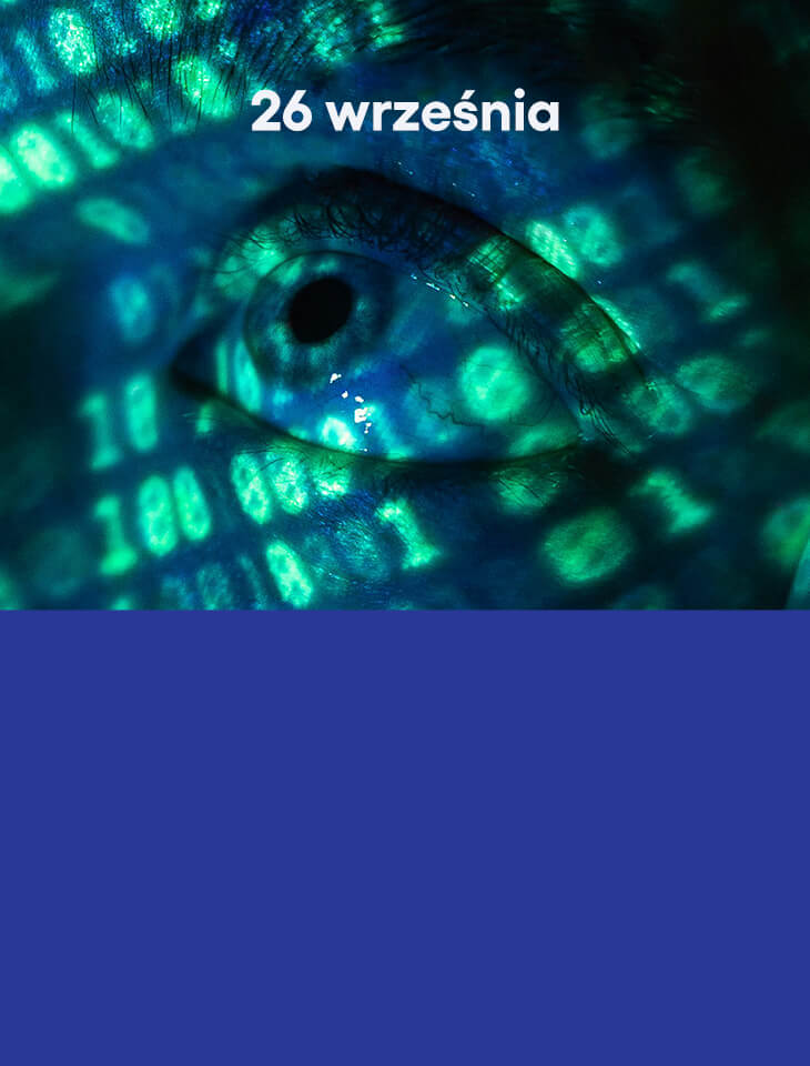 Plakat promujący Pomorską Noc Naukowców w Experymencie w roku 2025. Zdjęcie oka na zbliżeniu z wyświetlonym nań kodem komputerowym.