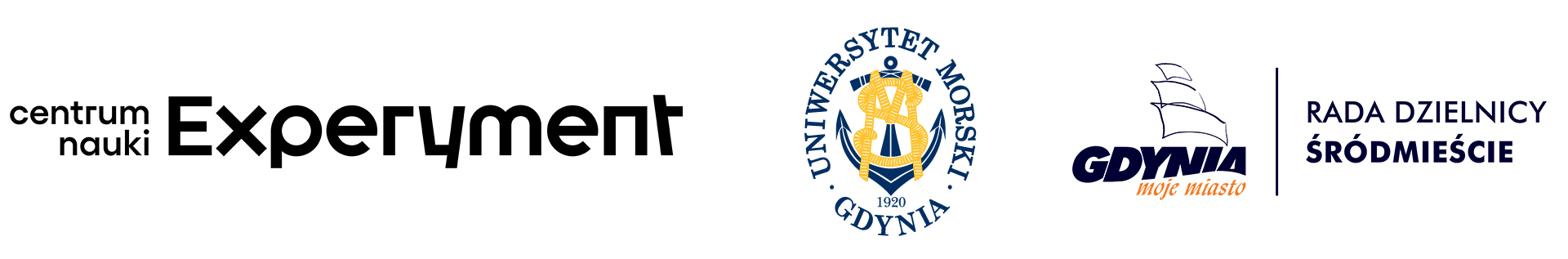 logotypy: Centrum Nauki Experyment, Uniwersytet Morski Gdynia, Rada Dzielnicy Śródmieście Gdynia