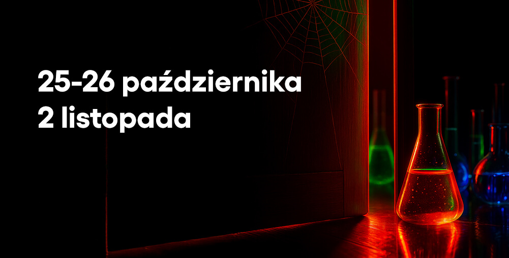 Grafika reklamująca warsztaty rodzinne Kolory ciemności. Ciemne pomieszczenie z kolorowym. świecącym szkłem laboratoryjnym. Na ścianie pajęczyna.