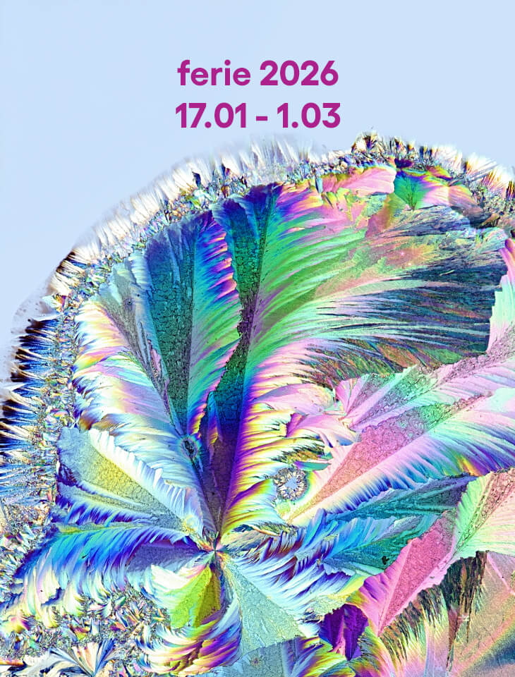 Zwizualizowanie krystalizacji, grafika na błękitnym tle. Tekst: ferie 2026 17.01-1.03