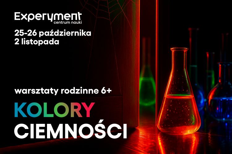 Grafika reklamująca warsztaty rodzinne Kolory ciemności. Ciemne pomieszczenie z kolorowym. świecącym szkłem laboratoryjnym. Na ścianie pajęczyna.