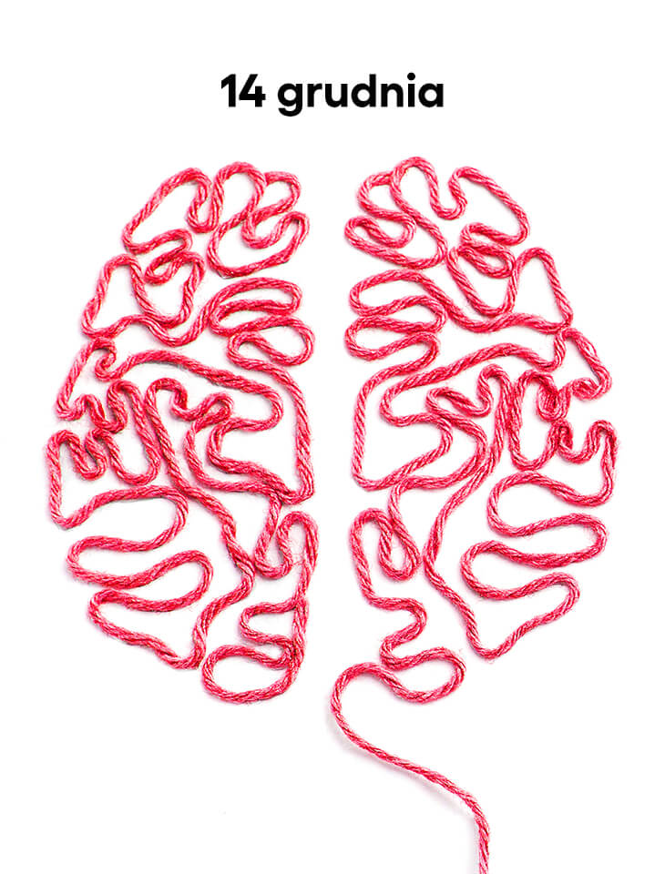 Grafika pionowa: napis „14 grudnia” u góry, poniżej różowy sznurek ułożony w kształt ludzkiego mózgu na białym tle, z końcówką nici zwisającą na dół.
