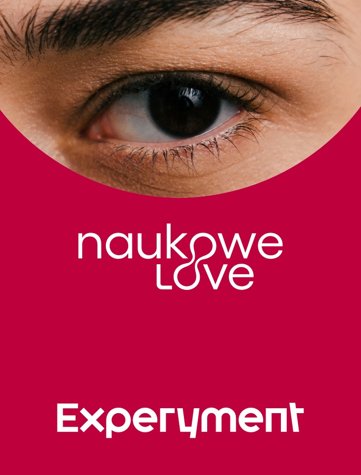 Logotyp NaukoweLove, Experyment i napisy na czerwonym tle. U góry otwarte oko z czarną tęczówką.
